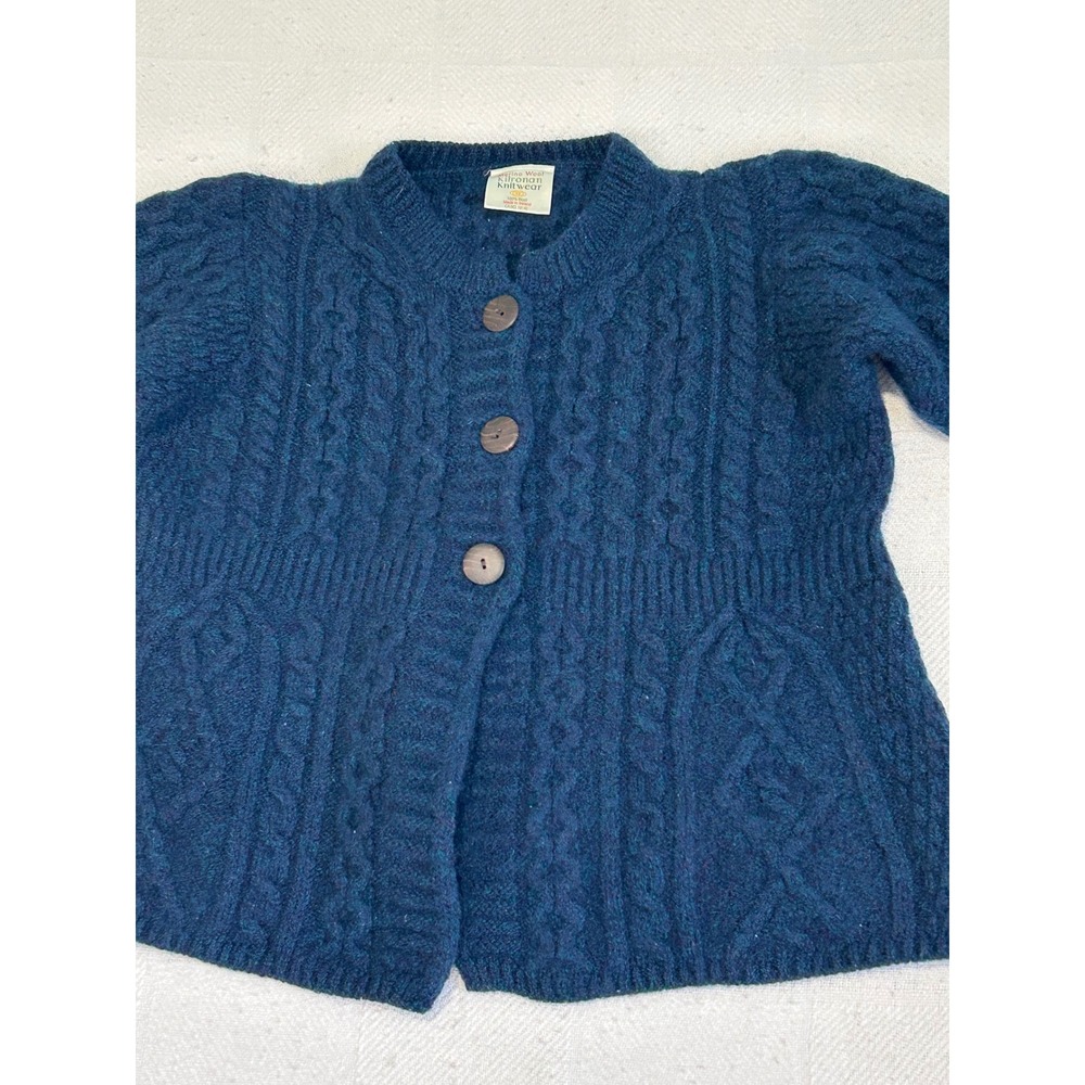 Kilronan Knitwear Merino Wool Aran Cable Knit Cardigan Sweater Blue Ireland